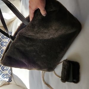 Faux Fur Shoulder Tote Bag with matching Mini Bag Deep Forest Green
